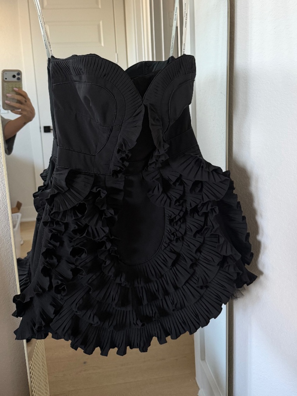 Vintage Karen Millen Black Ruffle Strapless Mini Dress | UK 10 / US 6